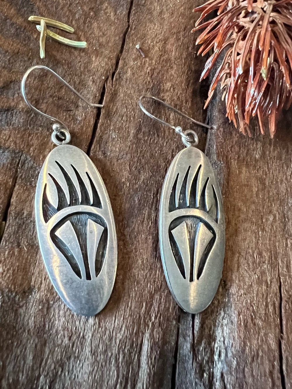Large Navajo Hopi James Selina Earrings Oval Bear Paws Silver 2”
